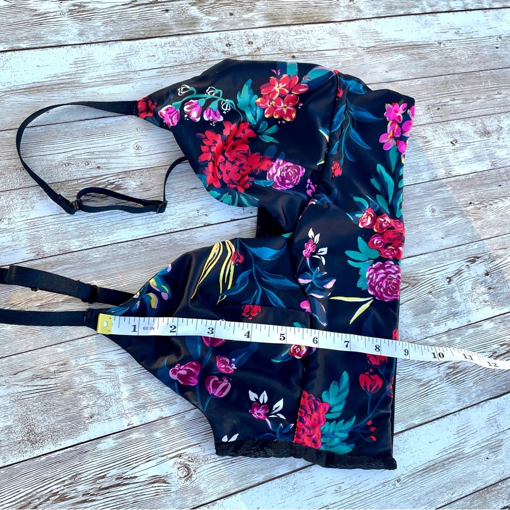 Satin and Fine Mesh Black Bralette Tropical Floral Print Longline Crop Small GUC - Picture 9 of 10
